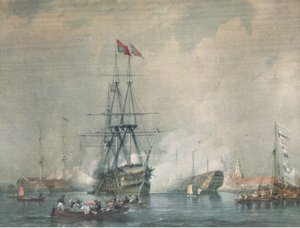 HMS Victory vuurt een koninklijk saluut af in de haven van Portsmouth, uit British Adventure gepubliceerd door Collins, 1947 door C. J. M. Whichello