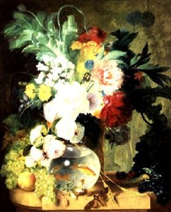 Stilleven met bloemen en vissenkom