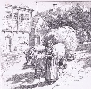 Karren getrokken door ossen denderden door de stille straten, uit 