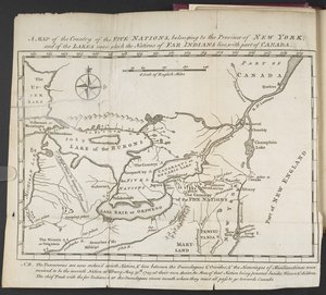 Een kaart van het land van de Vijf Naties, behorend tot de provincie New York; en van de meren nabij welke de naties van verre Indianen leven, met een deel van Canada door Cadwallader Colden