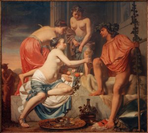 De tronende Bacchus – Nimfen schenken Bacchus wijn in door Cesar Boetius van Everdingen
