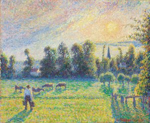 Weide, zonsondergang, Eragny, 1890 door Camille Jacob Pissarro