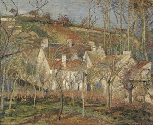 Rode daken, hoek van een dorp, winter door Camille Jacob Pissarro
