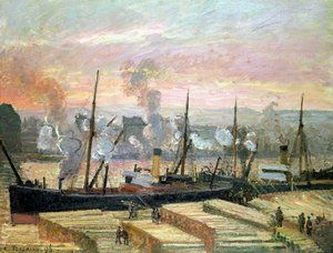 Zonsondergang in Rouen, boten lossen hout, 1896 door Camille Jacob Pissarro
