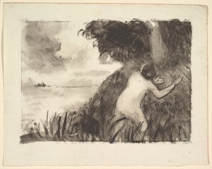 Bader staand tussen het gras aan de oever