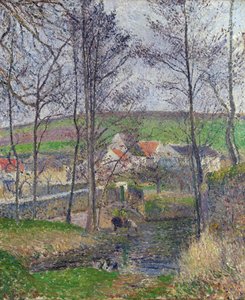 De oevers van de Viosne bij Osny in grijs weer door Camille Pissarro
