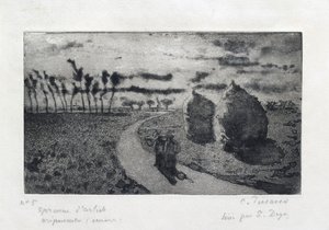 Schemering met hooibergen, 1879 door Camille Pissarro