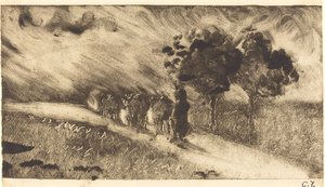 Koeien hoeden bij schemering (Vachère le soir) door Camille Pissarro