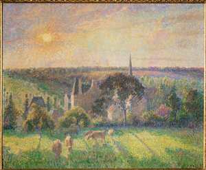 Landschap bij Eragny: kerk en boerderij van Eragny (olieverf op doek) door Camille Pissarro