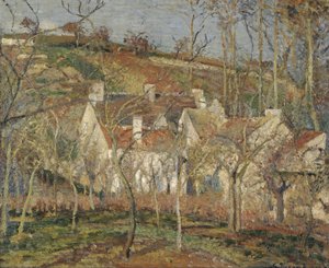 Rode daken, dorpshoek, wintereffect door Camille Pissarro