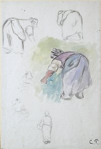 Blad met studies: vier studies van een buigende vrouwelijke boerin en twee studies van een vrouw die een kom vasthoudt door Camille Pissarro