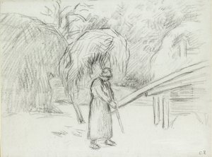 Studie van een vrouwelijke boer die een hooibaal draagt op de boerderij in Foucault, ca. 1875 door Camille Pissarro