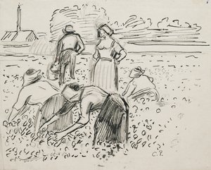 Studie van vijf boerenfiguren die op een veld werken door Camille Pissarro
