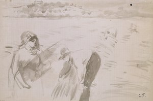 Studie van oogsters die werken in een veld nabij Pontoise door Camille Pissarro