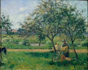 De kruiwagen, boomgaard, ca. 1881 door Camille Jacob Pissarro