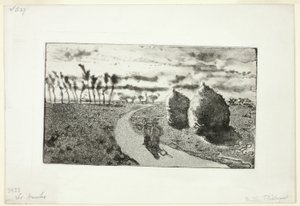 Schemering met hooibergen door Camille Pissarro