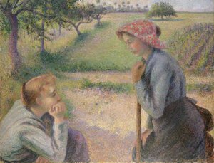Twee jonge boerinnen door Camille Jacob Pissarro
