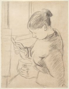 Jonge boerin die haar koffie drinkt door Camille Pissarro