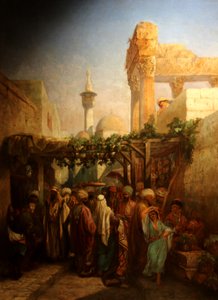 Wandelaars bij de Bacchus zuilengalerij in Latakieh. door Camille Rogier