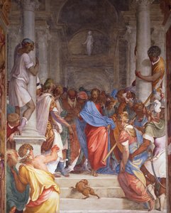 Overspelige vrouw voor Christus, fresco in het priesterkoor van de kerk van San Sigismondo, Cremona, Italië door Camillo Boccaccino