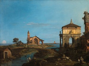Een eiland in de lagune met een poort en een kerk
