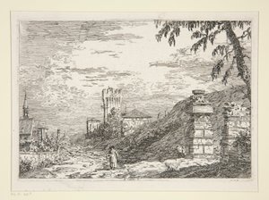 Landschap met Toren en Twee Verwoeste Zuilen, uit de serie Vedute door Canaletto (Giovanni Antonio Canal)