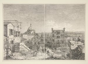 Het huis met de inscriptie: MDCCXLI. A. C. [en] Het huis met de peristyle en zes kolommen, uit de serie Vedute (Gezichten) door Canaletto (Giovanni Antonio Canal)
