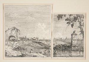De wagen die over een brug gaat, Het kleine monument (onder een boom), uit de serie Vedute (Gezichten) door Canaletto (Giovanni Antonio Canal)