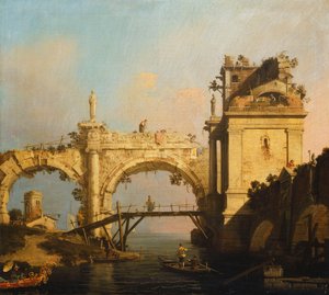 Een Capriccio van een verwoeste Renaissance Arcade en Paviljoen bij een waterweg overgestoken door een houten voetbrug, een Oriëntaal in een exotisch versierde boot op de voorgrond door Giovanni Antonio Canal