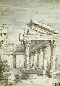 Capriccio: Een verwoeste klassieke tempel door Canaletto
