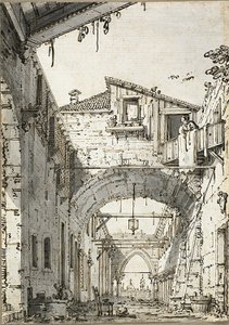 Capriccio: Een straat gekruist door bogen (recto) Schetsen van deuropening, trap en tweede verdieping van gebouw (verso) door Canaletto