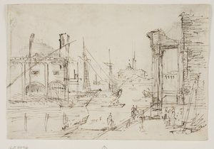 Capriccio met klassieke ruïnes aan een kade, een boothuis, twee galeien, twee masten van een zeilschip erachter, een koepelkerk op de achtergrond door Canaletto