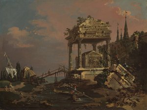 Denkbeeldig uitzicht met een graf bij de lagune door Giovanni Antonio Canal