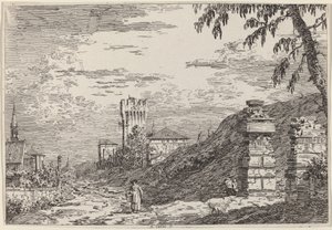 Landschap met toren en twee verwoeste pilaren door Canaletto