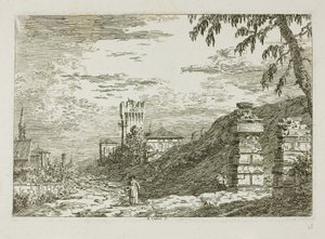 Landschap met toren en twee verwoeste pilaren, uit Vedute door Canaletto