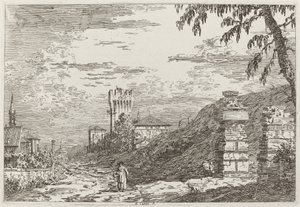 Landschap met Toren en Twee Verwoeste Zuilen [links], ca. 1735-1746 door Canaletto