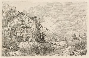Landschap met een vrouw bij een put