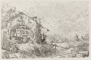 Landschap met een vrouw bij een put, ca. 1735-1746 door Canaletto