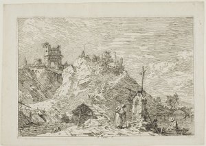 Landschap met de Pelgrim in Gebed, uit Vedute door Canaletto