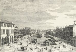 Uitzicht op Mestre, een herberg links en andere verschillende gebouwen langs het kanaal door Canaletto