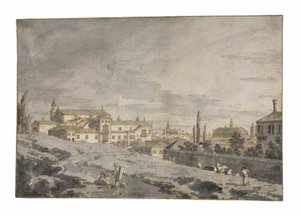 Uitzicht op Padua van buiten de stadsmuren met de kerk van San Francesco door Giovanni Antonio Canal