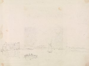 Schets van boten en een groot gebouw, vanaf de Medina-rivier