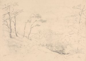 Schets van bomen en heuvels boven de Barton Farm House, Isle of Wight door Capt. Thomas Hastings