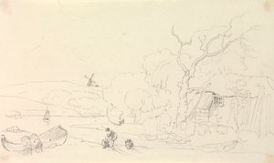 Schets van een huisje bij de rivier met een windmolen in de verte door Capt. Thomas Hastings