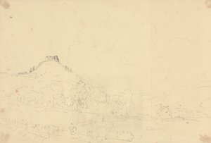 Schets van een kasteel op een heuveltop met huizen eronder door Capt. Thomas Hastings
