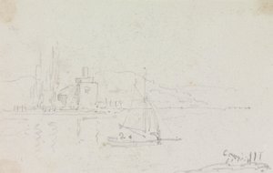 Schets van een zeilboot en een gebouw aan de kust door Capt. Thomas Hastings