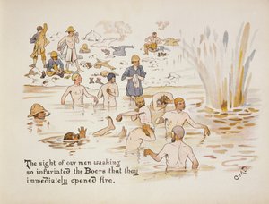 Het zicht van onze mannen die zich wassen maakte de Boeren zo woedend dat ze onmiddellijk het vuur openden, uit The Leaguer of Ladysmith, 1900