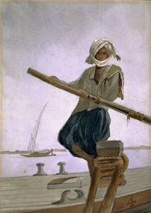 Bootman op de rivier Indus, India