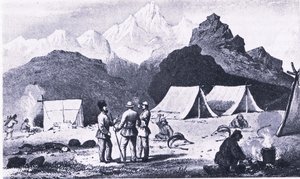 Kamp in de Himalaya, uit British Adventure gepubliceerd door Collins door Captain E. P. Campbell