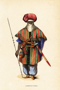 Adellijke Toeareg krijger van Agadez, Niger, in tagelmust (tulband en sluier), taktkat (hemd) en akarbey (broek)
